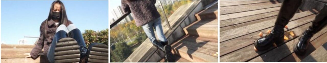 Temptation in black stockings | Amateur Jiaojiao in jeans and boots trampling food in outdoor park