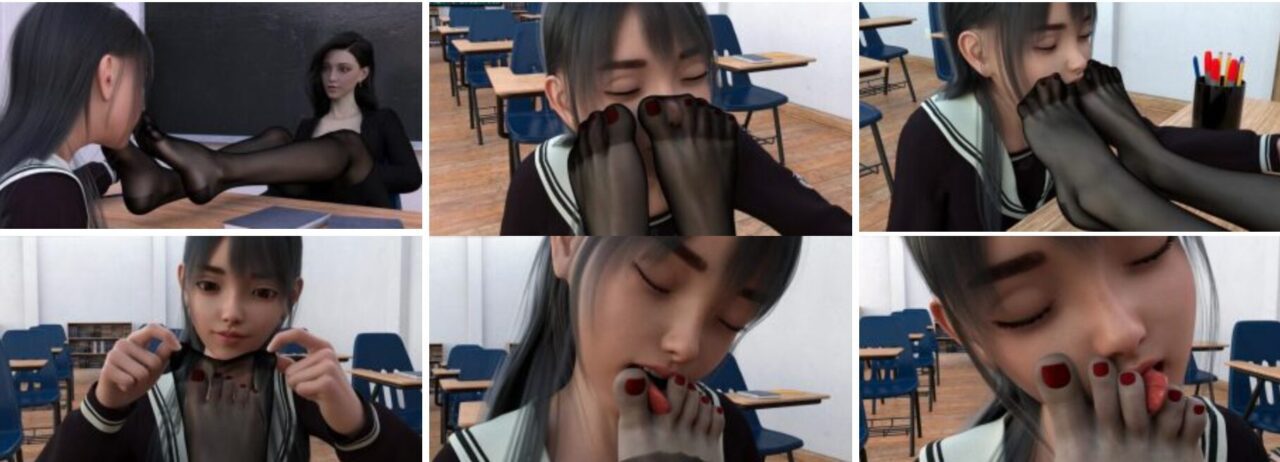 Comics | JK Loli kneels and licks the feet of a female teacher in stockings