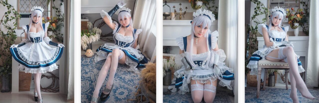 瓜希酱丝袜女仆写真图片下载 | 贝尔法斯特白丝袜Cosplay